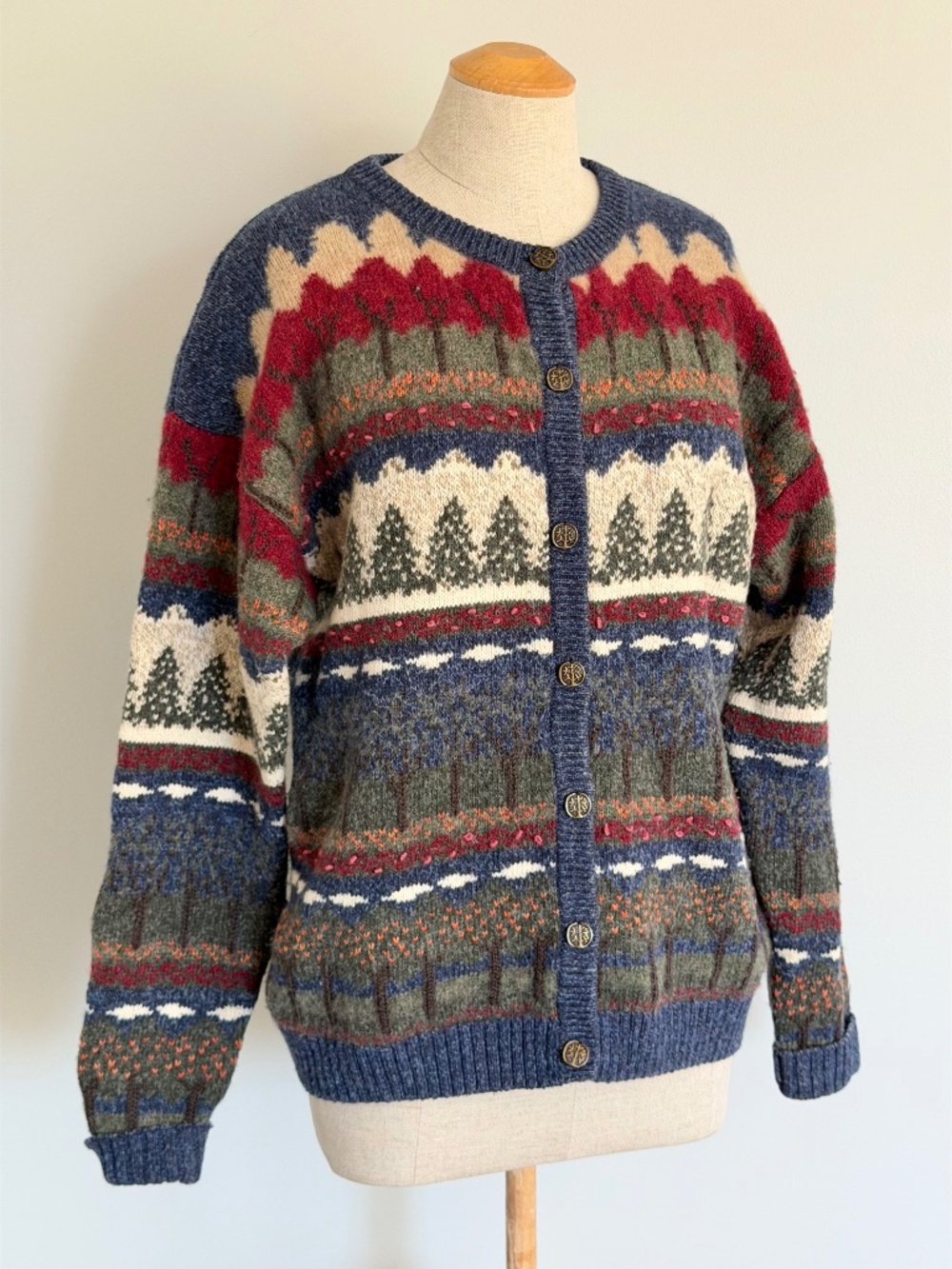 Vintage 1990s Country Tree Themed Cardigan, Size L